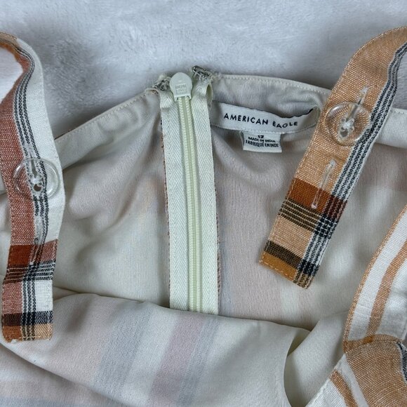 American Eagle Plaid Wide Leg Jumpsuit Linen Blend Size 12 Button Straps Pockets - Picture 8 of 12